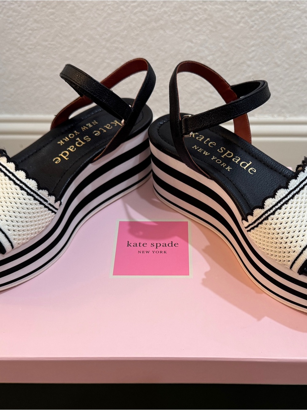kate spade Black and White Striped Wedge Sandals
